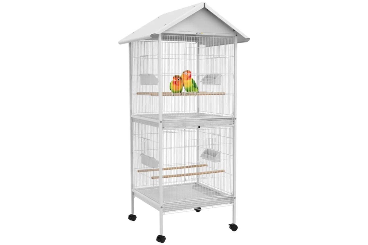 PawHut Budgie Cage with Rolling Stand Perches Wheels | White