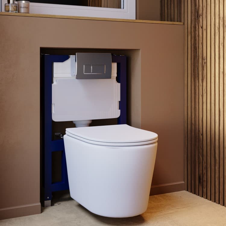 Matt White Wall Hung Rimless Toilet with Soft Close Seat, Chrome Pneumatic Flush Plate, 820mm Frame & Cistern – Verona
