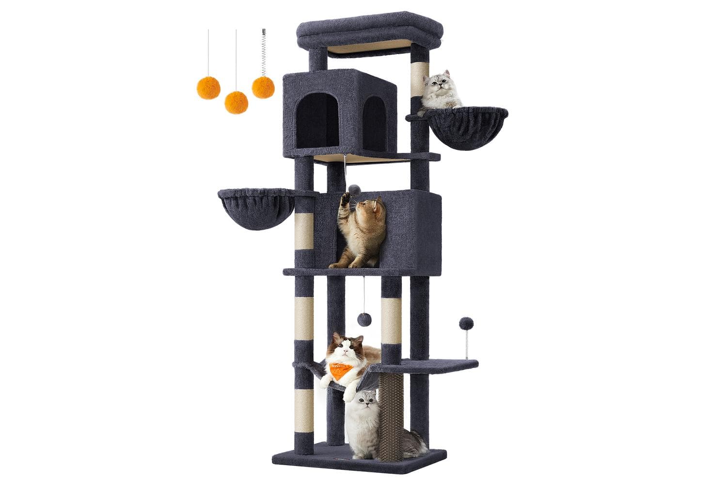 Feandrea Cat Tree Multi-level Tower With Scratching Posts And Caves | Short Pile Plush Fabric | 69 X 43 X 178 Cm