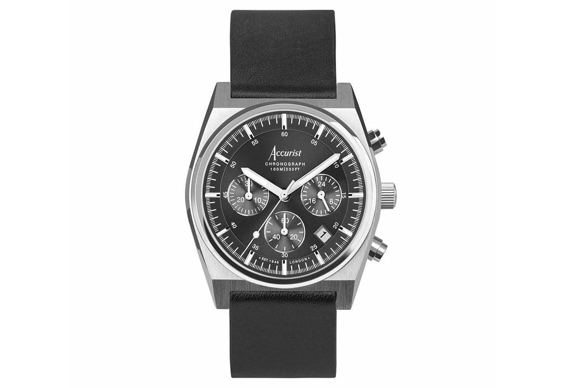 Accurist Origin Men's Chronograph Watch | Silver Case & Black Leather Strap With Black Dial | 41mm
