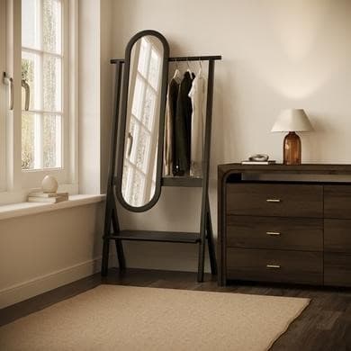 Black Freestanding Full-Length Mirror with Hanging Rail and Shelf - Figo