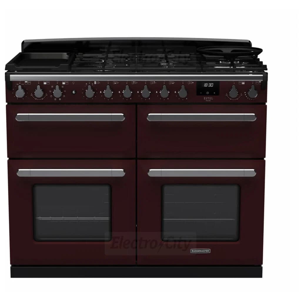 Rangemaster Estel Deluxe 110cm Dual Fuel Range Cooker with Slow Cook Oven | Bordeaux with Chrome Trim