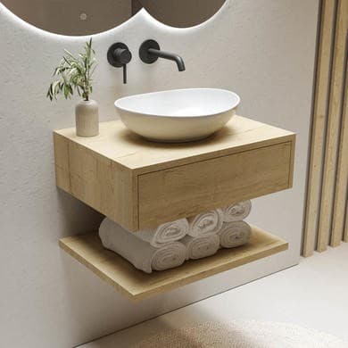 ONLY OPENED - 600mm Wood Effect Wall Hung Countertop Vanity Unit with Oval Basin and Shelf - Lugo