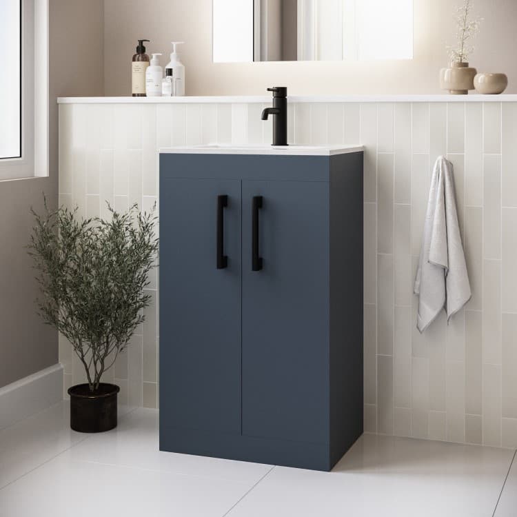 600mm Blue Freestanding Vanity Unit with Basin and Black Handles - Ashford