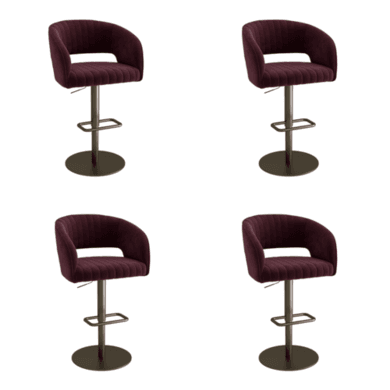 Set of 4 Curved Burgundy Velvet Adjustable Swivel Bar Stools with Brass Base - Runa