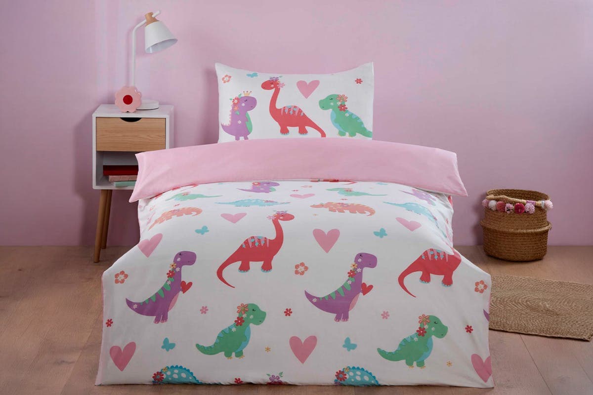 So Soft | Dino Daisy Duvet Cover Set | White/Pink | Single