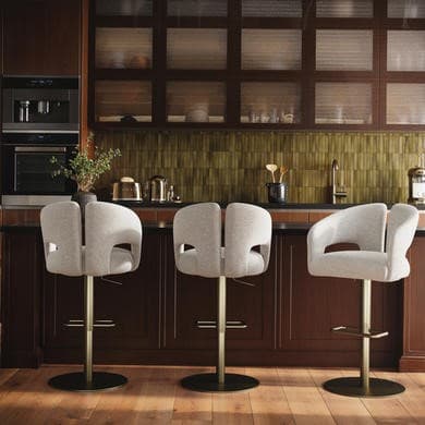 Set of 3 Beige Upholstered Adjustable Swivel Bar Stools with Brass Base - Azalea