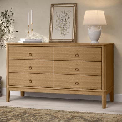 Wide Solid Light Pine Wood 6 Drawer Chest of Drawers - Josephine
