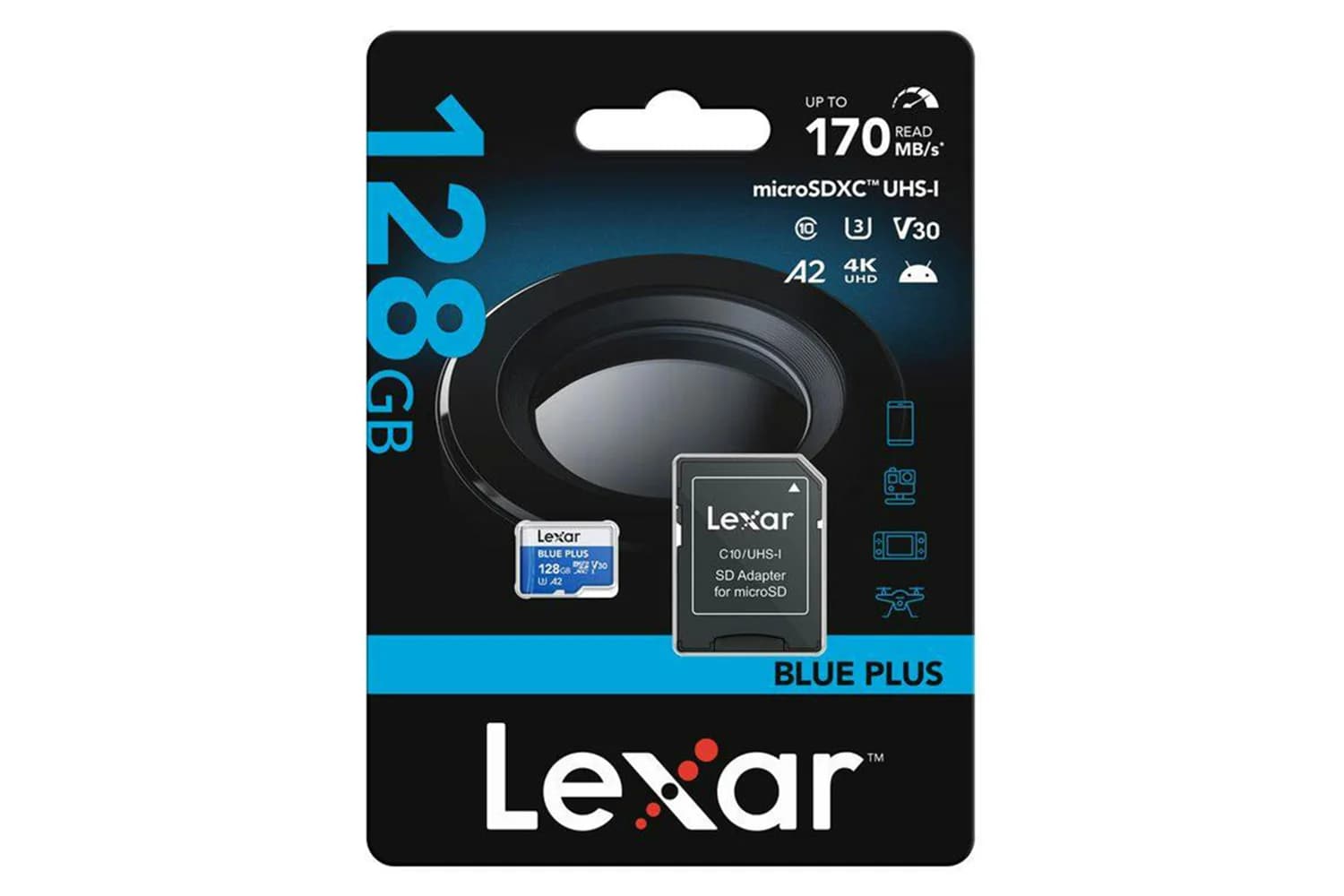 128gb Lexar Blue Plus 633x Microsdxc Uhs-i With Sd Adapter Up To 100mbs Read C10 A2 V30 U3