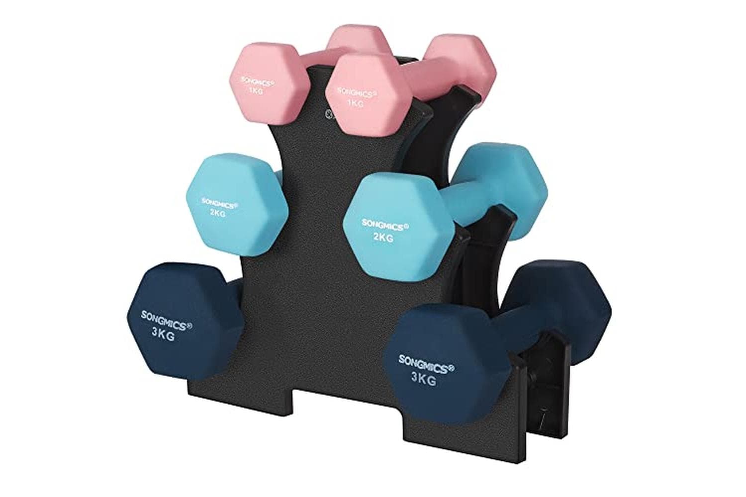 Songmics Syl612mk Hex Dumbbells Set With Stand | Hand Weights | Neoprene Matte Finish | 1 Kg, 2 Kg, 3 Kg