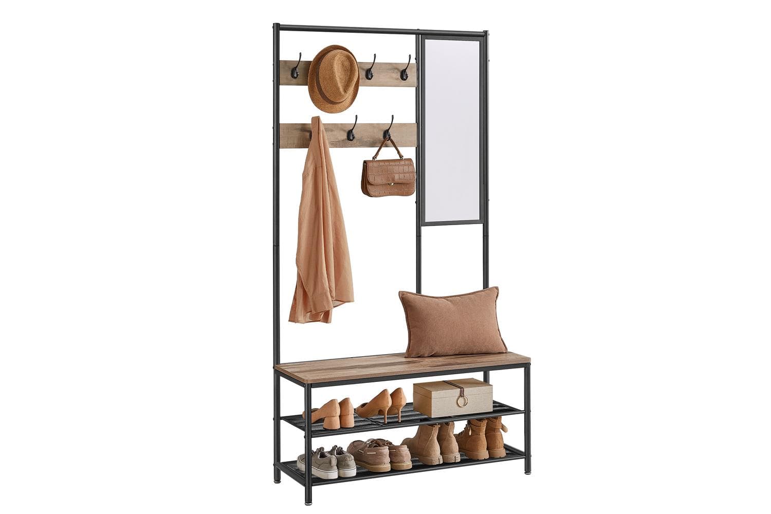 Coat Rack With Shoe Storage And Mirror | Hallway Coat Stand | Brown And Black | Large