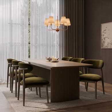 Walnut Finish Extendable Dining Table Set with 6 Green Upholstered Dining Chairs - Seats 6 - Jarel
