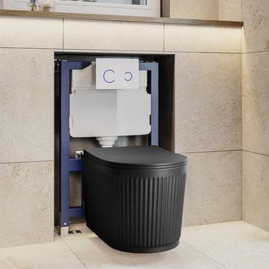 Matt Black Fluted Wall Hung Rimless Toilet with Soft Close Seat, White Glass Sensor Flush Plate, 820mm Frame & Cistern – Oregon