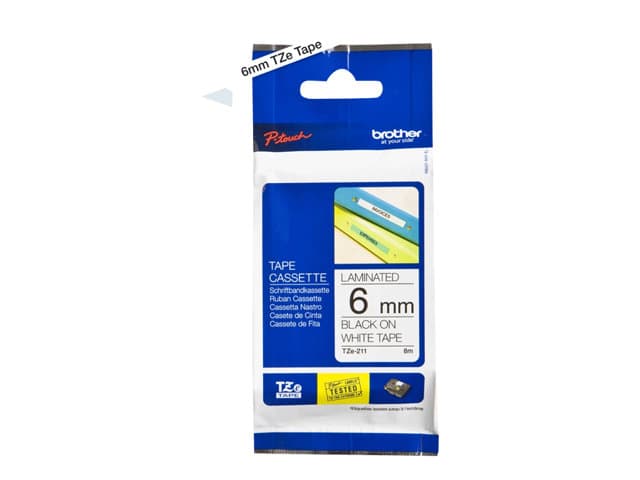 BROTHER - TZE-211 LAMINATED TAPE 6MM 8M BLACK ON WHITE
