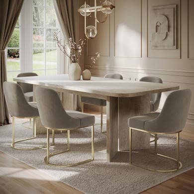 Large Rectangular Beige Marble Effect Extendable Dining Table Set with 6 Mink Velvet Chairs - Seats 6 - Geneva