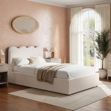 Off-White Boucle Ottoman Bed with Scalloped Headboard - Boba