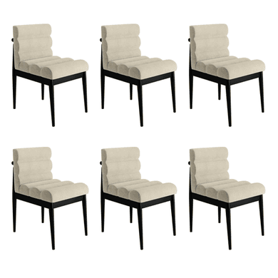 Set of 6 Black and Beige Upholstered Mid Century Sculpted Dining Chairs with Wooden Legs - Freja