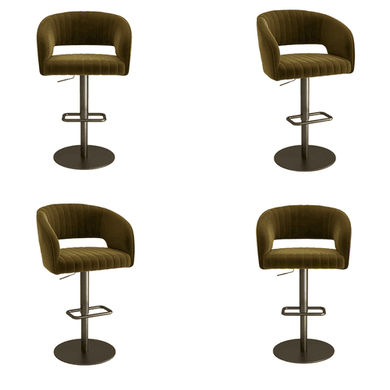 Set of 4 Curved Olive Green Velvet Adjustable Swivel Bar Stools with Brass Base - Runa