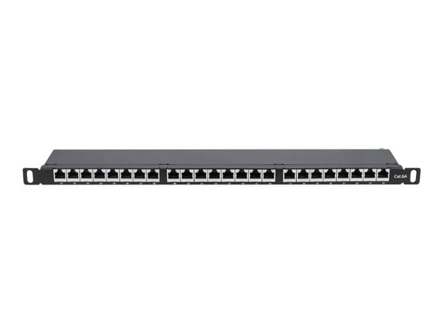 Intellinet Patch Panel, Cat6a, FTP, 24-Port, 19", 0.5U, Shielded, 90° Top-Entry Punch Down Blocks, Black