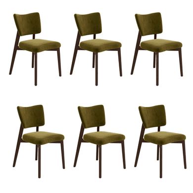 Set of 6 Olive Green Velvet Dining Chairs with Walnut Legs - Greta