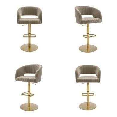 Set of 4 Curved Mink Matt Velvet Adjustable Swivel Bar Stools with Gold Base - Runa