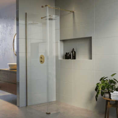 1200mm Brushed Brass Shower Screen for Wet Room & Walk In Shower with 300mm Hinged Flipper Return Panel – Corvus