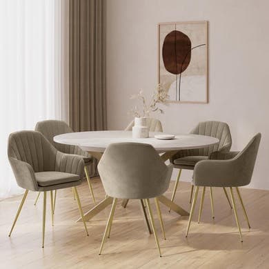 Large Round to Oval White Marble Effect Extendable Dining Table Set with 6 Mink Velvet Chairs - Seats 6 - Reine