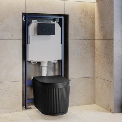 Matt Black Fluted Wall Hung Rimless Toilet with Soft Close Seat, Black Mechanical Flush Plate, 1168mm Frame & Cistern – Oregon