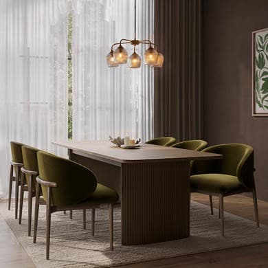 Walnut Finish Extendable Dining Table Set with 6 Green Upholstered Curved Dining Chairs - Seats 6 - Jarel