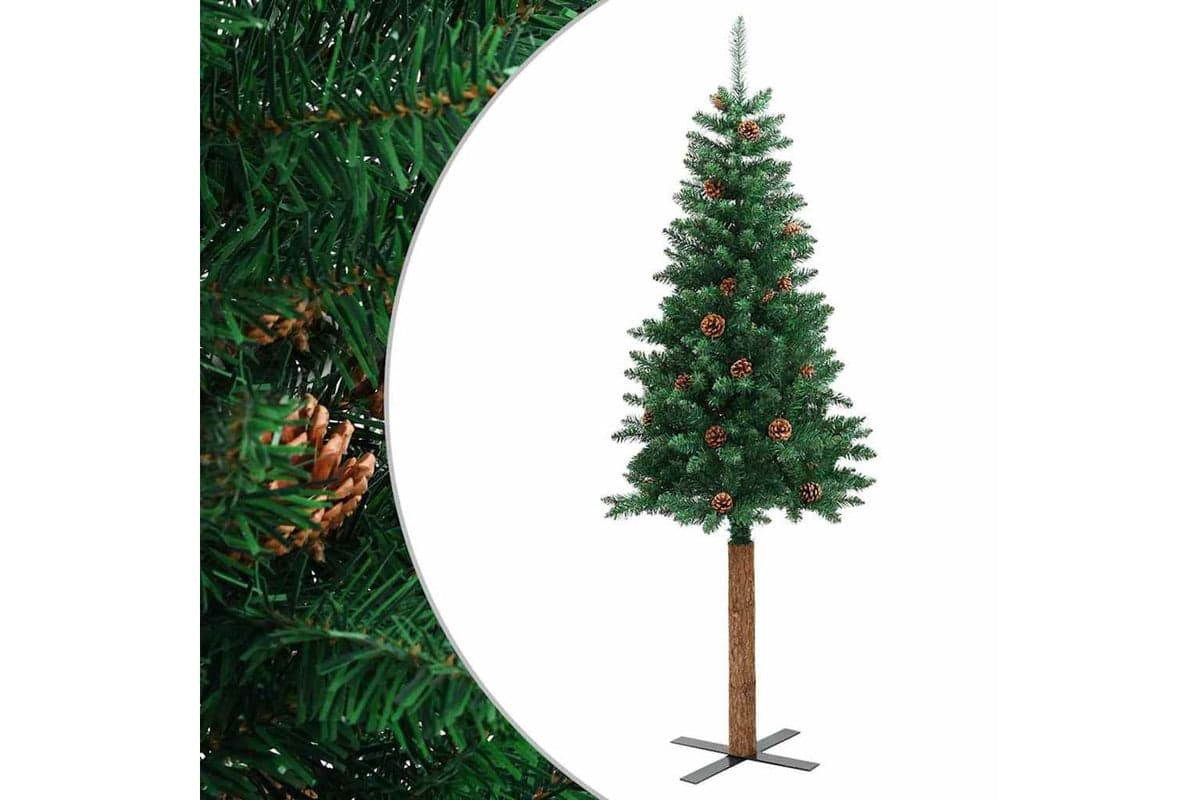 Vidaxl Slim Christmas Tree With Real Wood And Cones Green 150 Cm Pvc