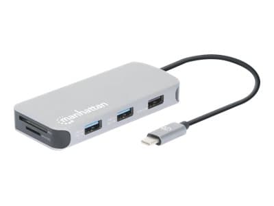 MANHATTAN - USB-C Dock/Hub with Card Reader, Ports (x6): Ethernet, HDMI, USB-A (x3) and USB-C, With Power Delivery (10W) to USB-C Port (Note additional USB-C wall charger and USB-C cable needed), Cable 15cm, Aluminium, Silver,