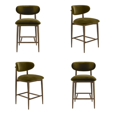 Set of 4 Walnut and Olive Green Upholstered Curved Kitchen Stools with Solid Wood Open Back - Kori
