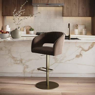 Brown and Brass - Curved Back Adjustable Swivel Bar Stools with Brass Base - Runa