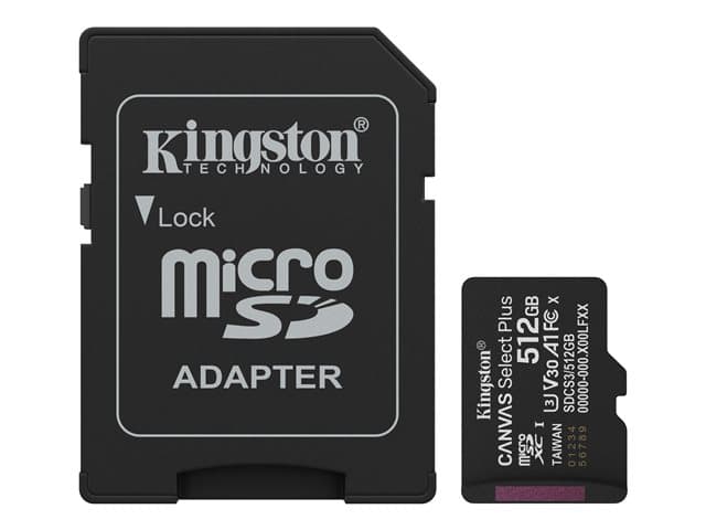 KINGSTON - Canvas Select Plus - Flash memory card (microSDXC to SD adapter included) - 512 GB - A1 / Video Class V30 / UHS Class 3 / Class10 - microSDXC UHS-I