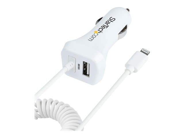 STARTECH.COM - Startech Lightning Car Charger with 1m Coiled Lightning Cable, 12W, White, 2 Port USB Car Charger Adapter for Phones and Tablets, In Car Apple iPhone/iPad Charger w/ Built-in Cord - Dual USB Car Charger (USBLT2PCARW2) car