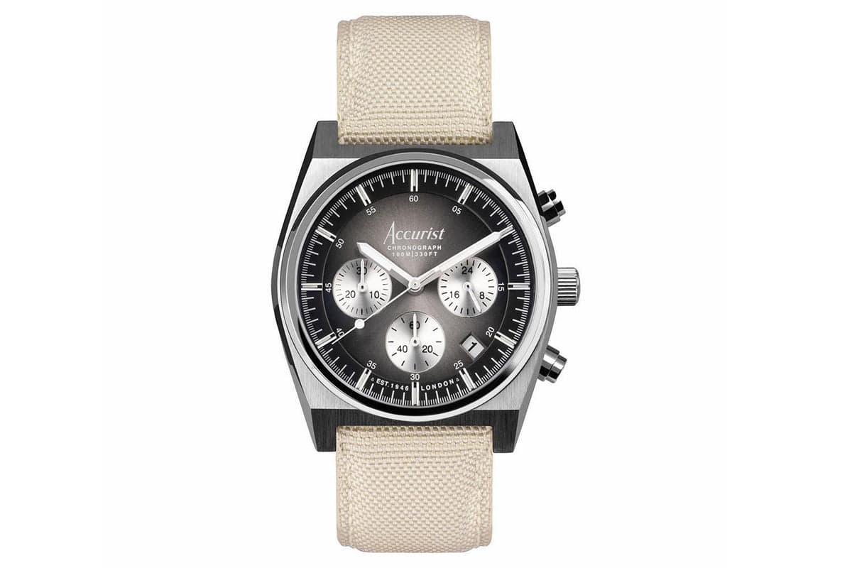 Accurist Origin Men's Chronograph Watch | Gunmetal Case & Cream Canvas Strap With Black Dial | 41mm