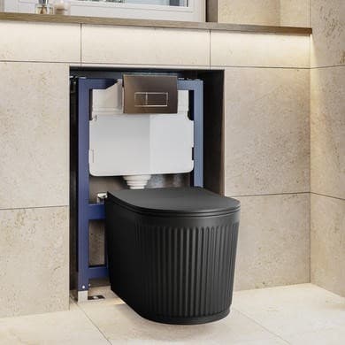 Matt Black Fluted Wall Hung Rimless Toilet with Soft Close Seat, Chrome Pneumatic Flush Plate, 820mm Frame & Cistern – Oregon