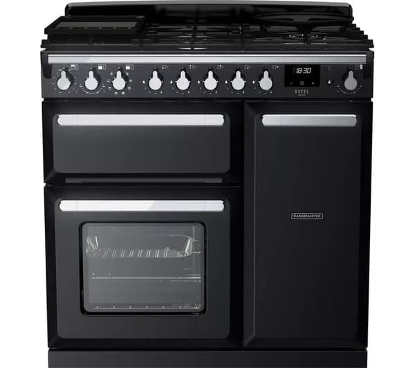 RANGEMASTER ESDL90DFPGBL/CM1 Estel Deluxe 90cm Dual Fuel Range Cooker - Black & Chrome