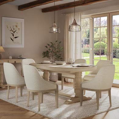 Farmhouse Extending Dining Table Set with 6 Beige Fabric Dining Chairs - Madeline