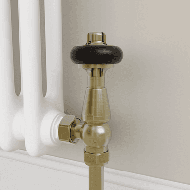 Maesta Antique Brass Traditional TRV Angled Thermostatic Radiator Valves With Lockshield