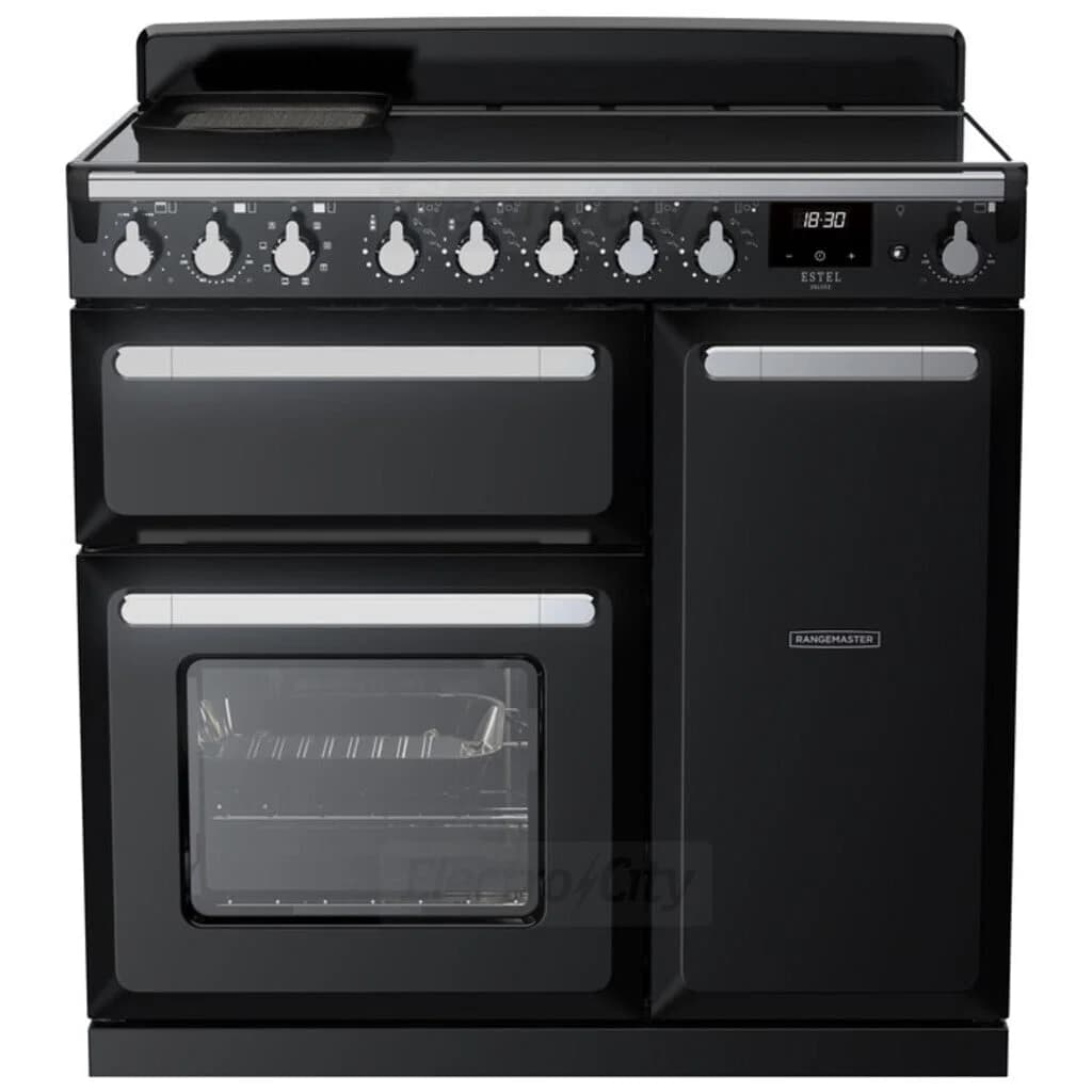 Rangemaster Estel Deluxe 90cm Induction Range Cooker | Black with Chrome Trim