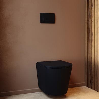 Matt Black Wall Hung Rimless Toilet with Soft Close Seat, Black Pneumatic Flush Plate, 1168mm Frame & Cistern – Verona