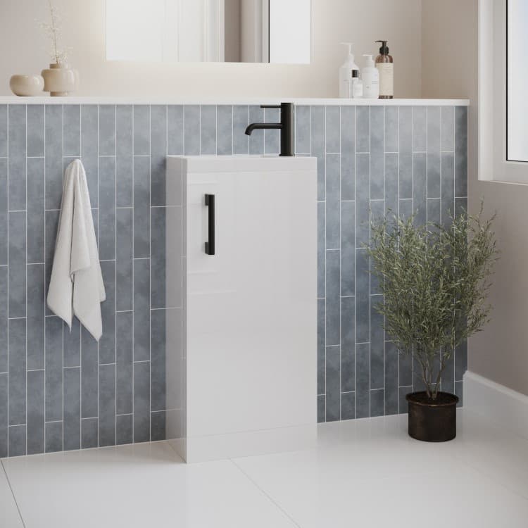 400mm White Freestanding Cloakroom Vanity Unit with Basin and Black Handle - Ashford