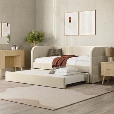 Velvet Single Day Bed with Pull Out Trundle in Beige - Newton