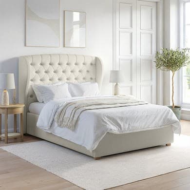 Cream Woven - End-Lift Ottoman Storage Bed with Winged Headboard - Safina