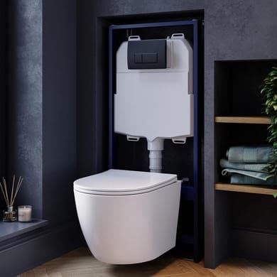 Wall Hung Rimless Toilet with Soft Close Seat, Black Pneumatic Flush Plate, 1168mm Frame & Cistern – Roma