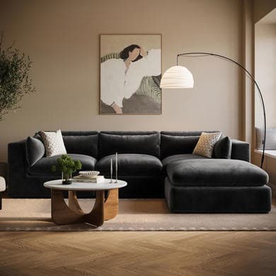 Large Charcoal Grey Velvet Reversible 4 Seater Chaise Corner Sofa - Hudson