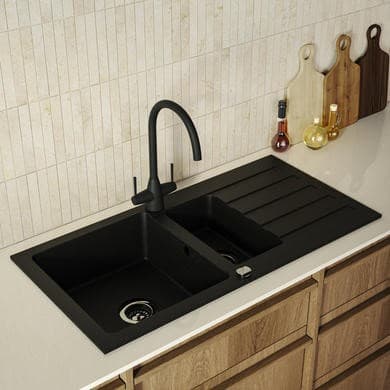GRADE A1 - 1.5 Bowl Black Inset Granite Composite Kitchen Sink with Reversible Drainer - Enza Phoebe
