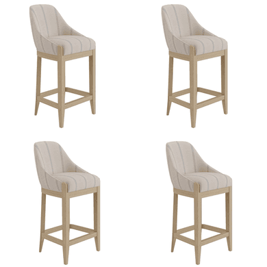 Set of 4 Beige and Blue Striped Upholstered Kitchen Stools with Solid Wood Legs - Madeline