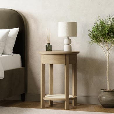 Light Oak Circular Bedside Table with Drawer and Shelf - Ida